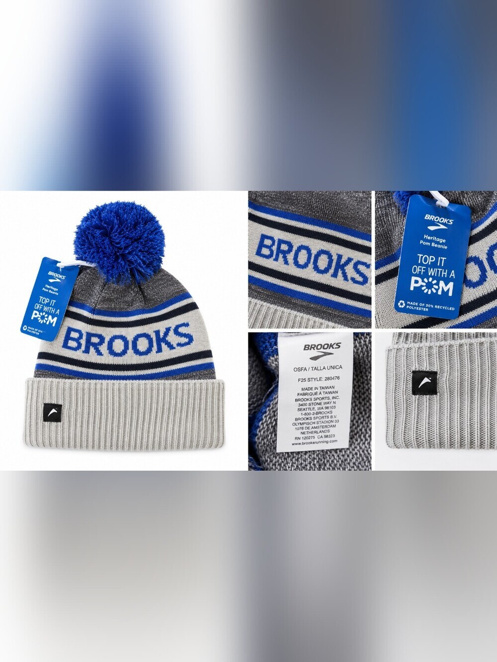 Brooks Heritage Pom Beanie Hat Gray Blue White OSFA One Size Fits All NWT.